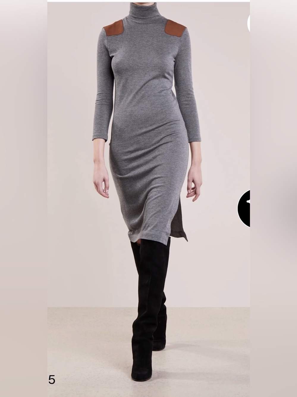 Polo Ralph Lauren Grey Suede Trim Turtleneck Wool Blend Jersey Midi Dress L